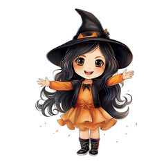 Halloween cute witch, cute girl, watercolor illustration