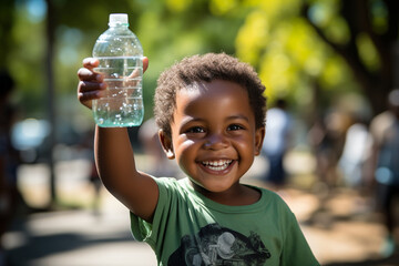 Thirsty happy little child with bottle of pure fresh drinking water in his hand. Draught in Africa,...