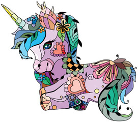 Naklejka premium Cute cartoon unicorn. Fantastic animal. Colorful image. For the design of prints, posters, stickers, tattoos.