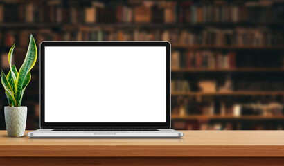 Laptop on wooden desk with background. Laptop or Computer mockup white background on table.