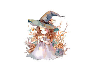 Cute Witch Girl with flowers, Watercolor Halloween Concept, PNG Clipart.	