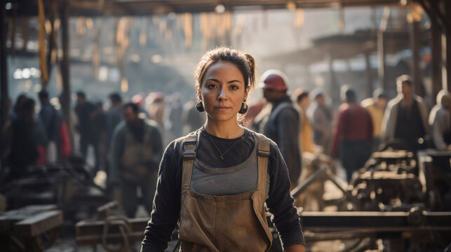 A strong and resilient female worker, amidst a busy construction site, Labor Day, showing the hard work and dedication of workers