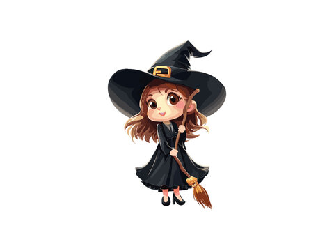 Cute Witch Girl with flowers, Watercolor Halloween Concept, PNG Clipart.	