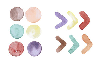 Set of multicolored watercolor circles and arrows