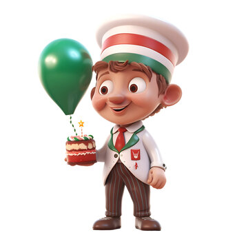 3d illustration of a cartoon chef with a cake and a balloon