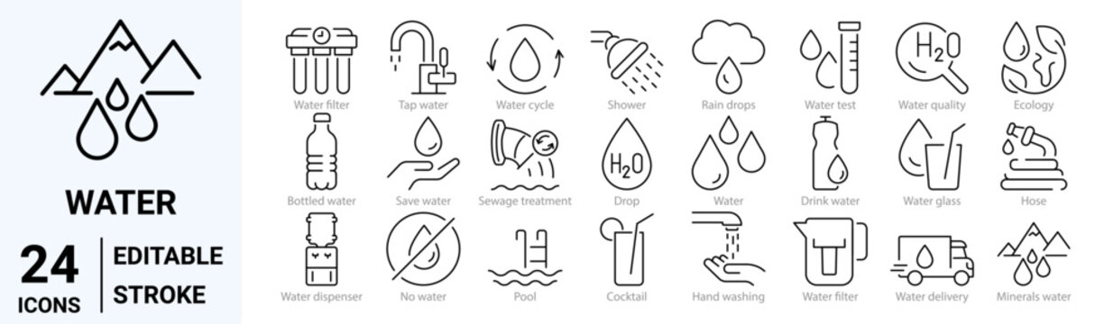 water linear icon collection. Drop Water, Mineral Water, Low and High Tide, Shower, Plastic Bottle and Glass. Editable stroke. Vector illustration