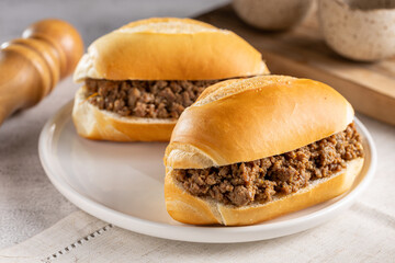 Homemade ground beef sandwich. Sloppy joe sandwich.
