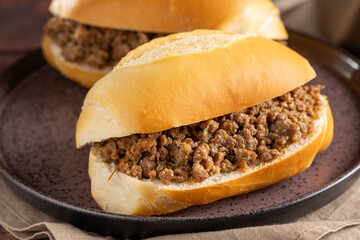 Homemade ground beef sandwich. Sloppy joe sandwich.