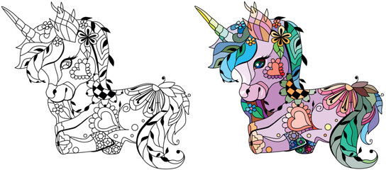 Cute cartoon unicorn. Fantastic animal. Black and white, linear, image. For the design of prints, posters, stickers, tattoos. Color and outline set