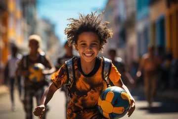 Papier Peint photo Ruelle étroite Soccer Streets. Children playing soccer in narrow alleyways showcase the grassroots love for the sport in My Latin America. Generative Ai.