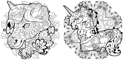 Fototapeta na wymiar Set of cute cartoon unicorns on mandalas. Fantastic animal. Black and white, linear, image. For the design of prints, posters, stickers, tattoos.
