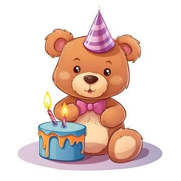 Cute teddy bear with birthday cake and candle. Vector illustration.