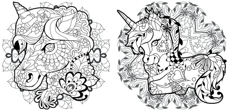Set of cute cartoon unicorns on mandalas. Fantastic animal. Black and white, linear, image. For the design of prints, posters, stickers, tattoos.