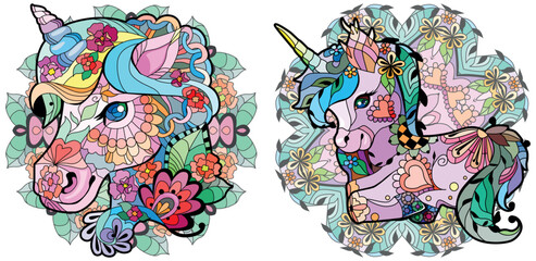 Set of cute cartoon unicorns on mandalas. Fantastic animal. For the design of prints, posters, stickers, tattoos.