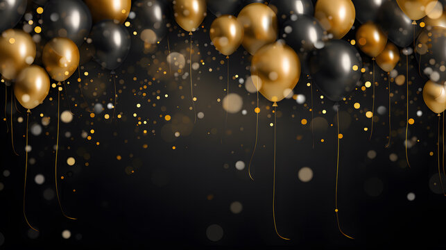 Black and golden balloons with sparkles high detailed background. Celebration, holiday, birthday party.