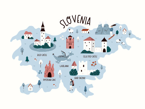 Slovenia hand drawn map with attractions, travel destinations.