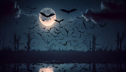 Moody night scene with flying bats on sky and moon background, halloween background with bats, Ai generated image 