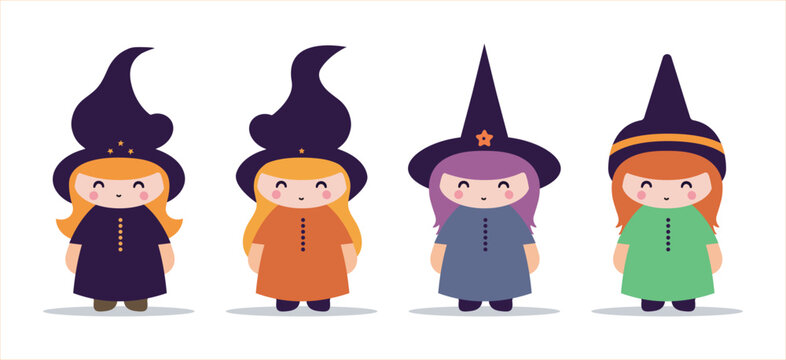 Cute snile  Halloween Kids set, children in Halloween costume vector illustrations, witch children's character set for kids, Halloween characters