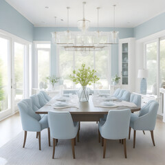 modern dining room in blue, 
modern interior in white tones, elegant, made by AI