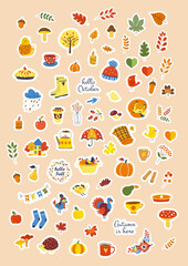 Autumn cozy ambient sticker set vector format for digital and print usage. Sticker pack with cute hand drawing illustrations.