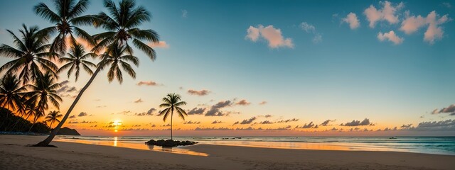 Paradise beach of a tropical island, palm trees, white sand, azure water. Famous stone beach in the Seychelles. Generative AI.