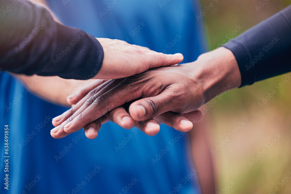 Wall mural Fitness, hands and men in a park for training, goal and exercise motivation closeup. Friends, zoom and fingers of sports, people and workout deal in nature with team support, mission or celebration