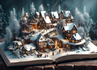 a winter fairy story coming to life on the pages of a magical open book with a snow covered village surrounded by trees