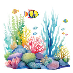 vector illustration of an underwater scene, fish and coral isolated on white background
