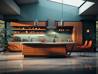 Front image of modern home kitchen cabinet with minimalist style design. Illustration image and illuminated by natural lighting.