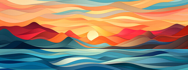 Landscape with mountains and sea or ocean sunset in soft cubism style 