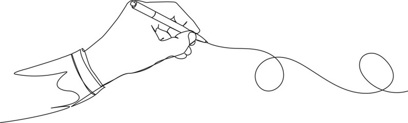 continuous single line drawing of hand holding ballpoint pen drawing a line, line art vector illustration