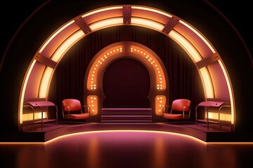 Theater podium stage with glowing lights background. Glitter. Illustration. Abstract. Red. Technology. Generative AI