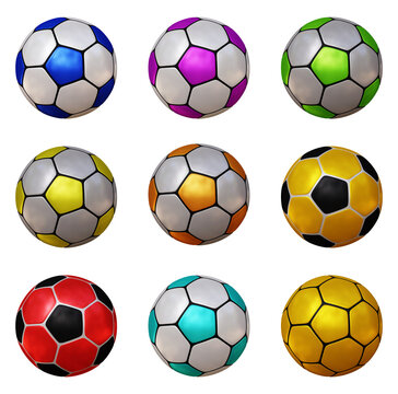 Set of soccer ball or round sphere football isolated on transparent background in 3d rendering for sport concept.