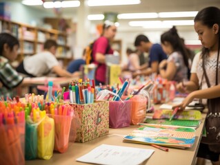 Students eagerly preparing their school supplies, anticipation in their eyes, set against a backdrop of a softly blurred, bustling classroom.