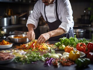 A dedicated chef meticulously prepares seasonal dishes; an array of fresh ingredients lays before him, while the soft-focus backdrop reveals the hum of a busy kitchen.