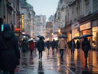On a rain-soaked city street, pedestrians clutching umbrellas make their way, the distant traffic lights and vehicles blur into a soft-focus backdrop.