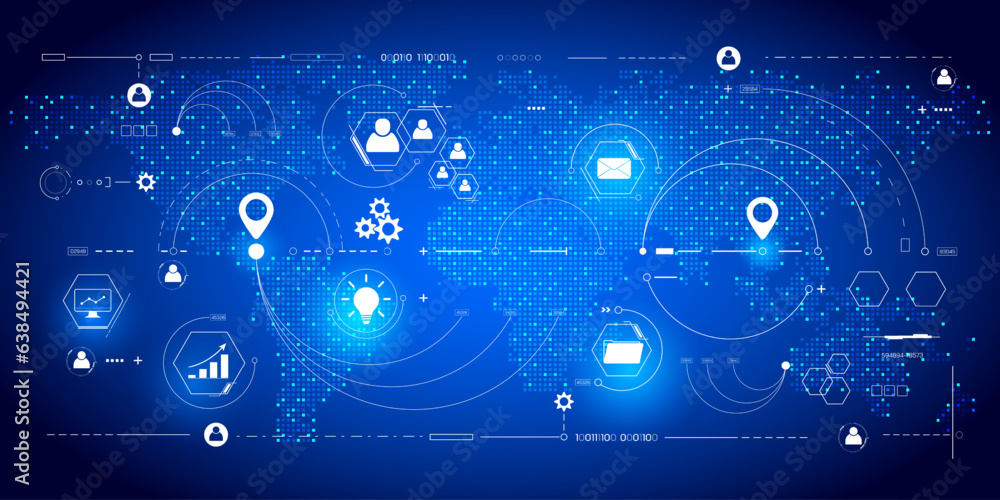 Poster Abstract global data network connection business technology communication vector. World map square dot with privacy, security icon illustration.