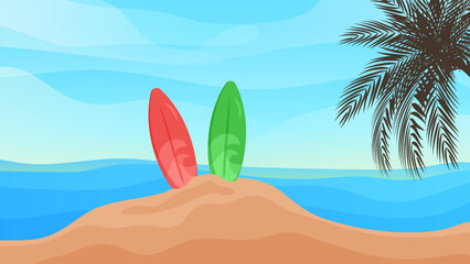 Summer sea beach and island with beach chair, umbrella, ball, Inflatable flamingo, cloud, Hot air balloon, starfish, coconut tree, landscape background. Summertime style. Summer vector.