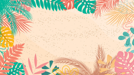 Tropical leaves summer frame with sand beach copy space. Palm leaves. Rainforest. Summer tropical leaf. Summertime style. Summer vector.