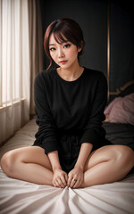 Fototapeta premium photo portrait of teenage joyful asian woman with black hair , generative AI