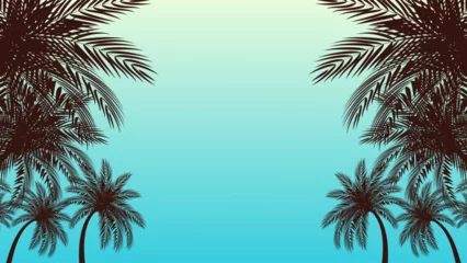 Gordijnen Vector of Silhouette coconut palm trees on beach at sunset.  © nuttawutnuy