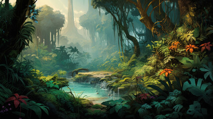 Fototapeta na wymiar tropical forest scene, digital painting of jungle with lots of trees, plants and flowers and lake, horizontal illustration of fantasy rainforest