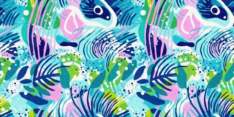 Tropical modern coastal pattern clash fabric coral reef border print for summer beach textile designs with a linen cotton effect. Seamless trendy underwater kelp and seaweed ribbon edge background © Nautical