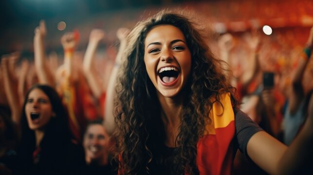 Epitomizing grouip of youth and fun women, Diverse, energetic group of fanclub with joy, cheer and excitement on football staduim, Generative AI