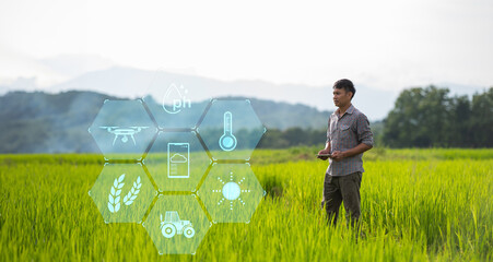 man farmer agriculture technology farmer man using tablet computer analysis data and visual icon.