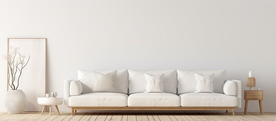 Scandinavian style illustration of a white minimalist living room with a sofa