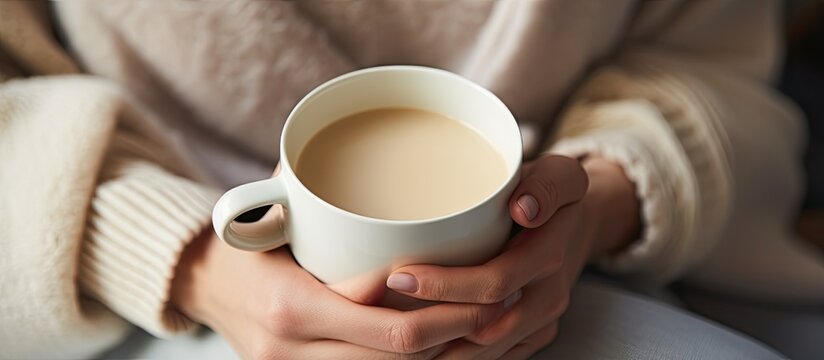 Woman enjoying alone time relaxing on couch at home with a latte covered with soft blanket Cozy evening close up