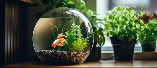 Indoor plants and round aquarium on a cozy window sill