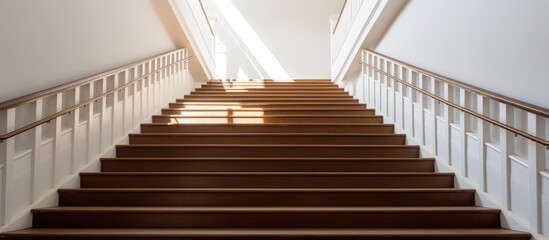 White stairs going both up and down with brown handrails