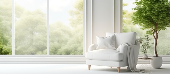 White room with armchair and green landscape in window Scandinavian interior illustration